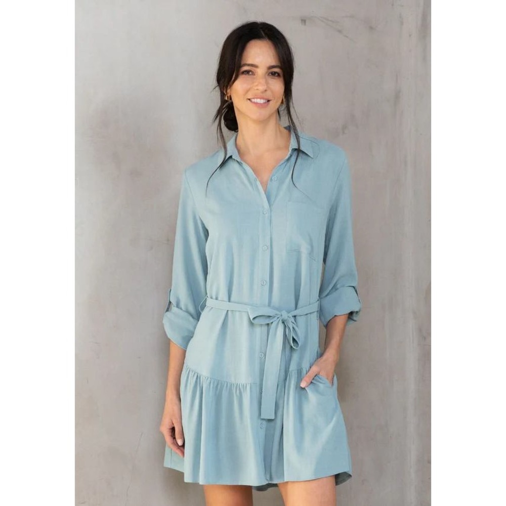 Lovestitch Tessa Mini Shirt Dress Tiered Ruffle Roll Tab Sleeve NWT Boho